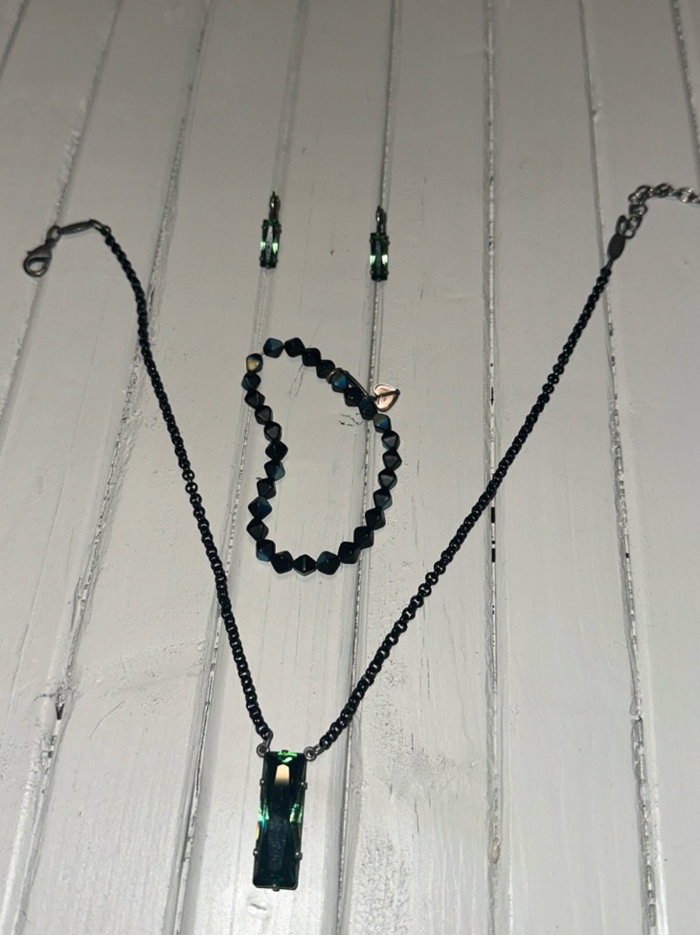 Sabika Black Necklace with Green Crystal Pendant and Matching Bracelet